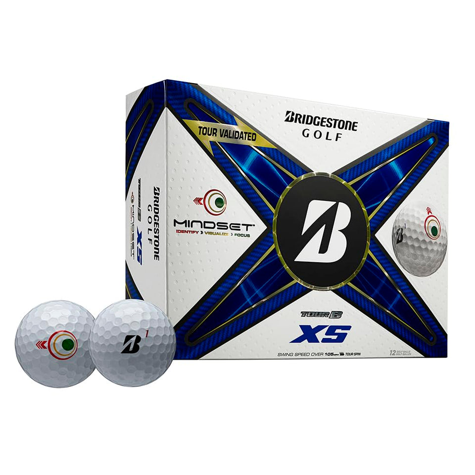 Bridgestone Tour B XS MindSet ball on tee for consistent distance.