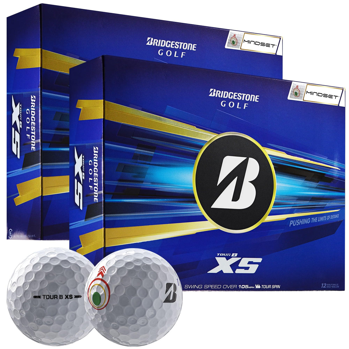 Bridgestone Tour B XS MindSet Double Dozen pack close-up showing the product in its packaging for distance