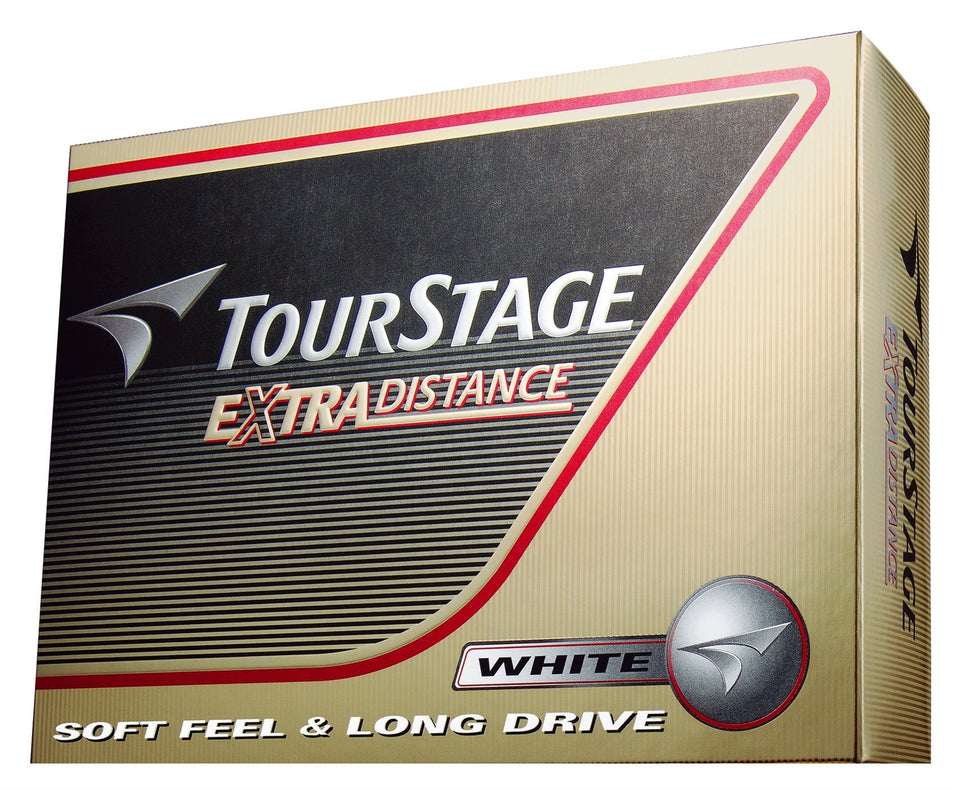 Bridgestone TourStage Extra Distance pack of white golf balls for longer drive potential.