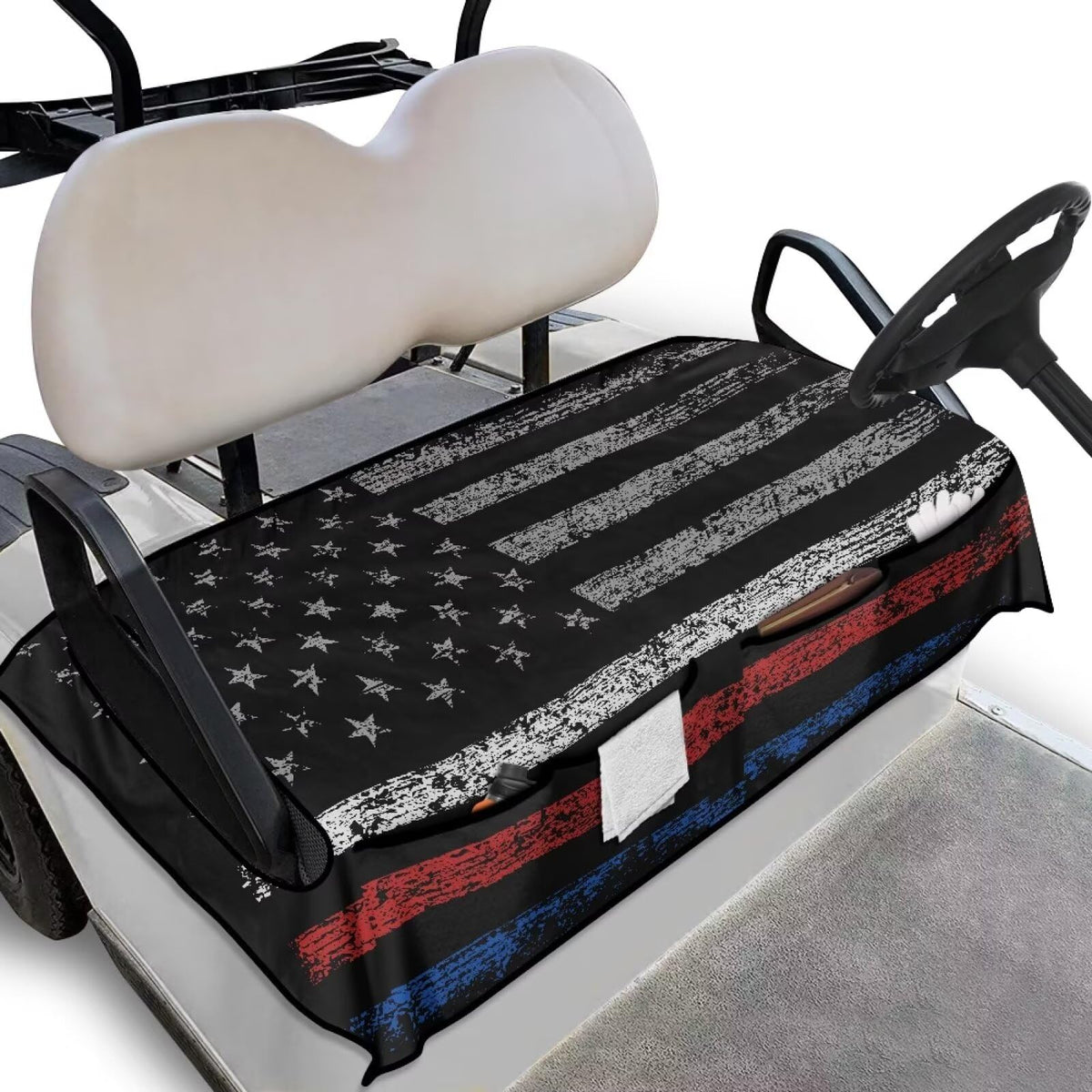 Brosoneto American flag camo seat cover on a golf cart, full view and protection.