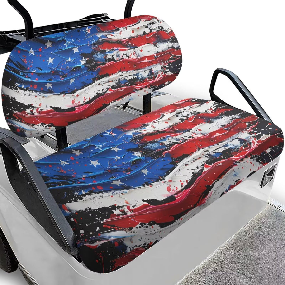 Brosoneto American Flag front seat cover protects and refreshes two-seat golf carts