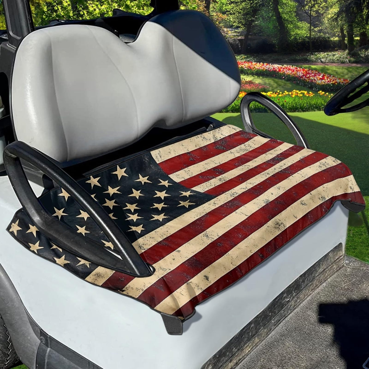 Brosoneto American Flag golf cart seat cover provides stylish protection for two-person seats.