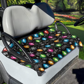 Brosoneto Christmas Lights seat covers on a Club Car for festive style