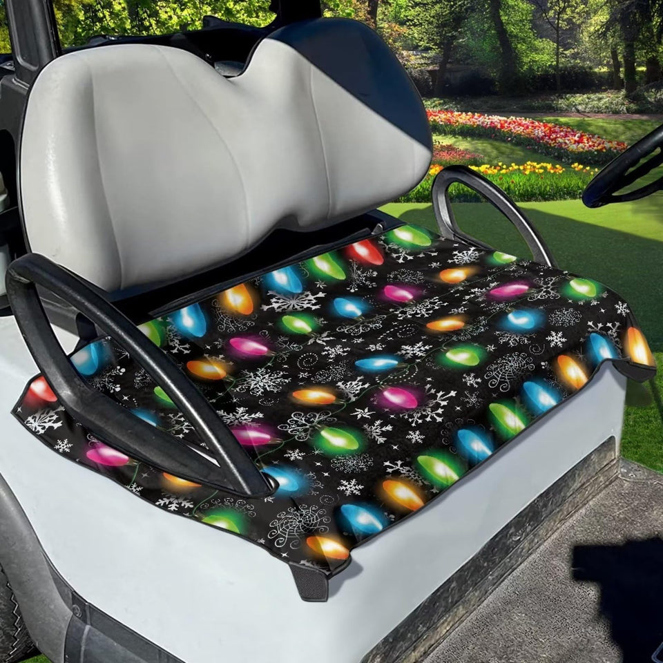 Brosoneto Christmas Lights seat covers on a Club Car for festive style