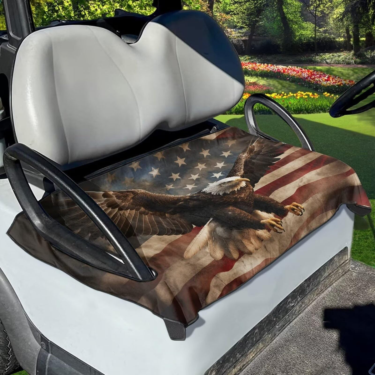 Brosoneto Eagle Flag seat cover on a two-seat golf cart with Americana style and protection.