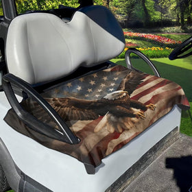 Brosoneto Eagle Flag seat cover on a two-seat golf cart with Americana style and protection.