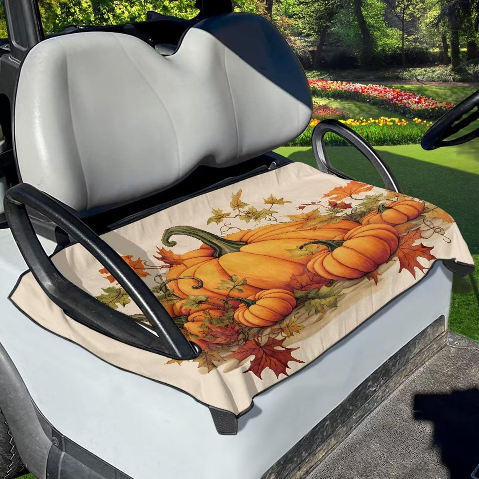 Brosoneto fall maple leaf pumpkin seat cover on a golf cart enhances seasonal style and protection.