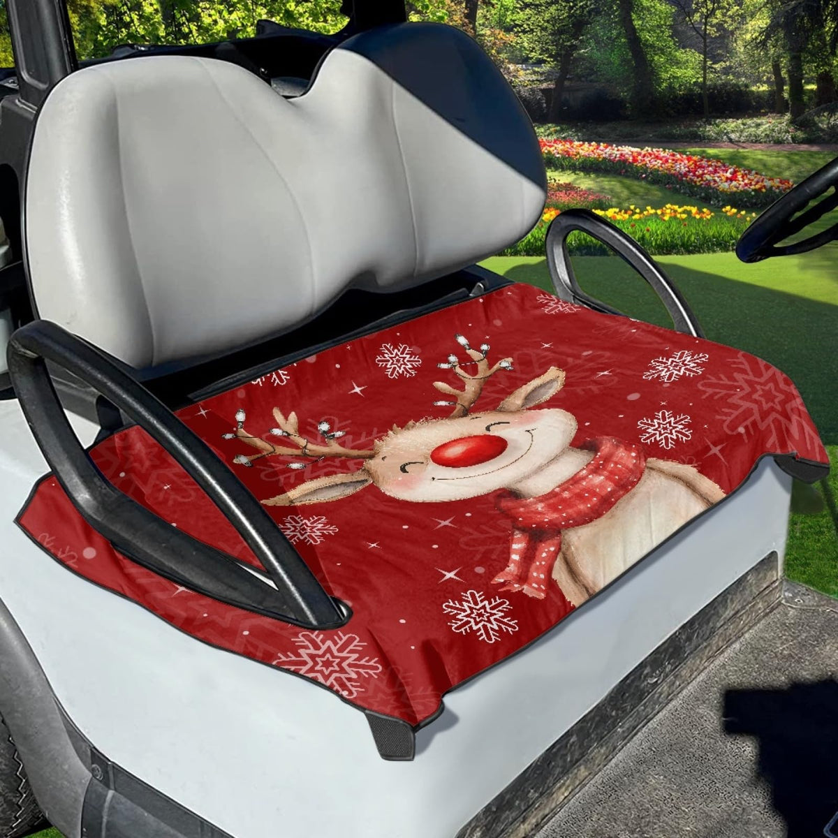 Brosoneto golf cart seat cover with Christmas deer pattern protects seats during holiday rides.