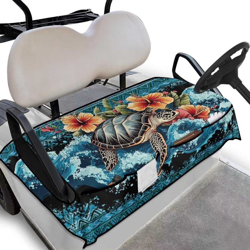 Brosoneto Sea Turtle Aztec seat cover front view protects two-seat golf carts