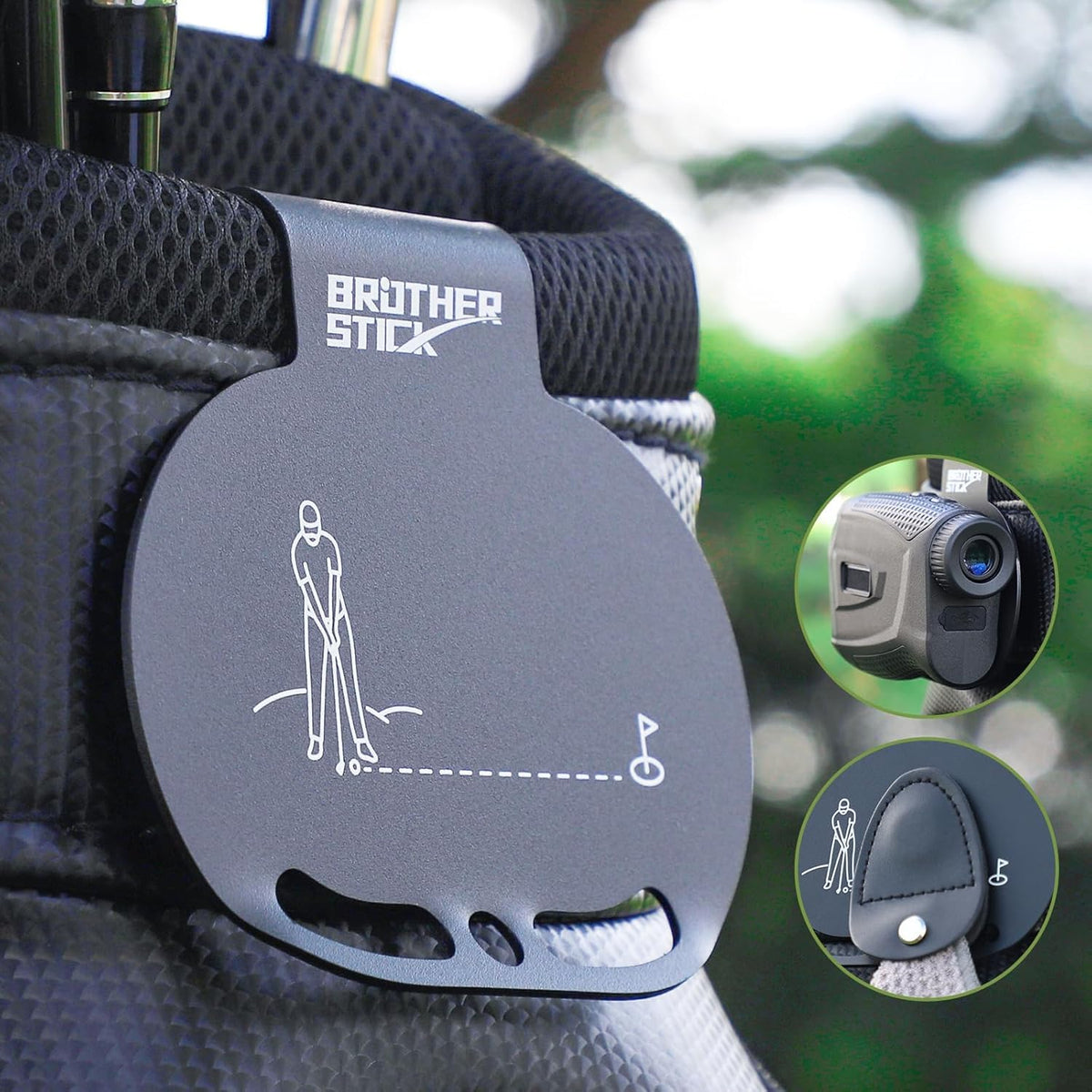 BROTHER STICK metal landing pads with dual pads on a golf bag for quick access.