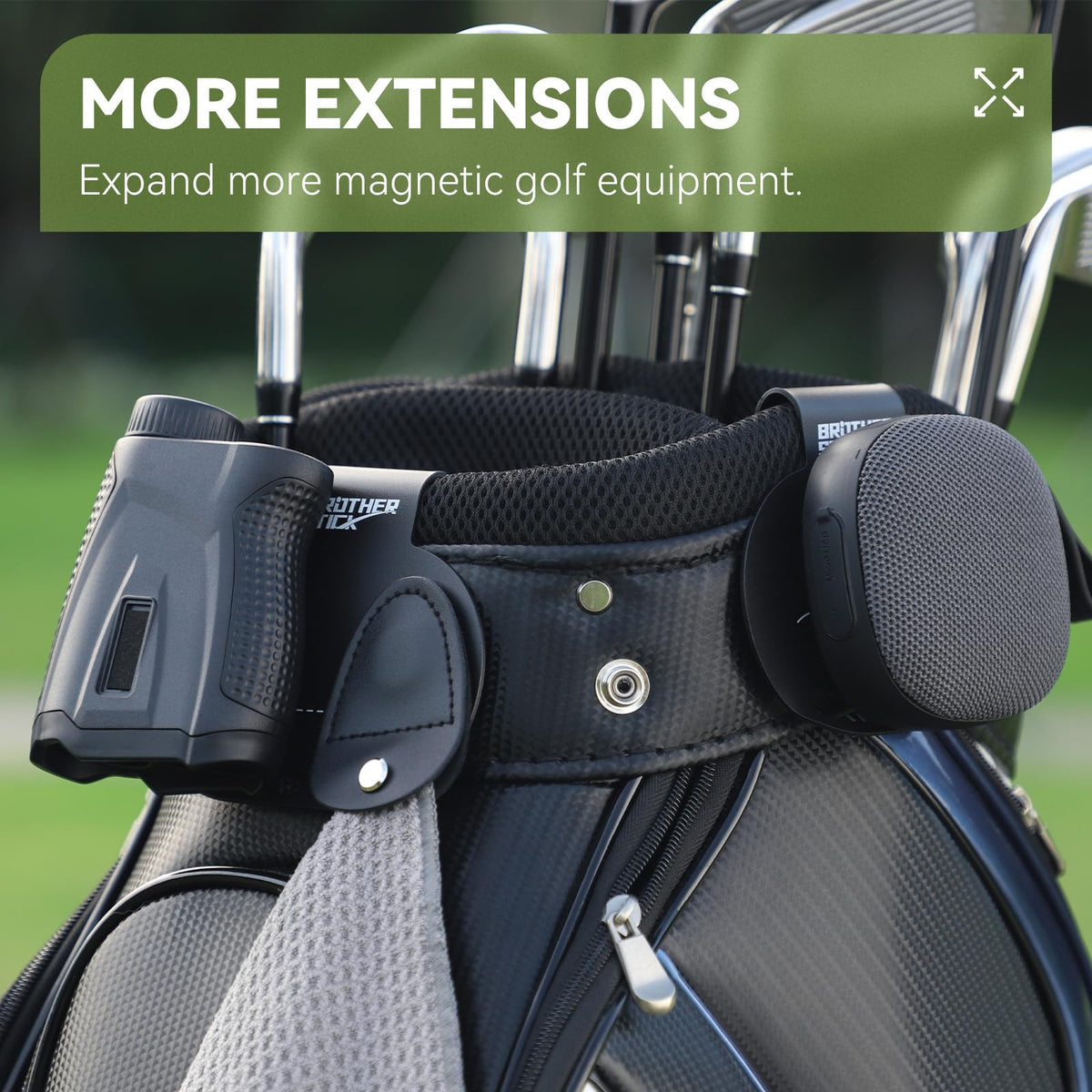Symmetric BROTHER STICK pads on a golf bag for organized gear.