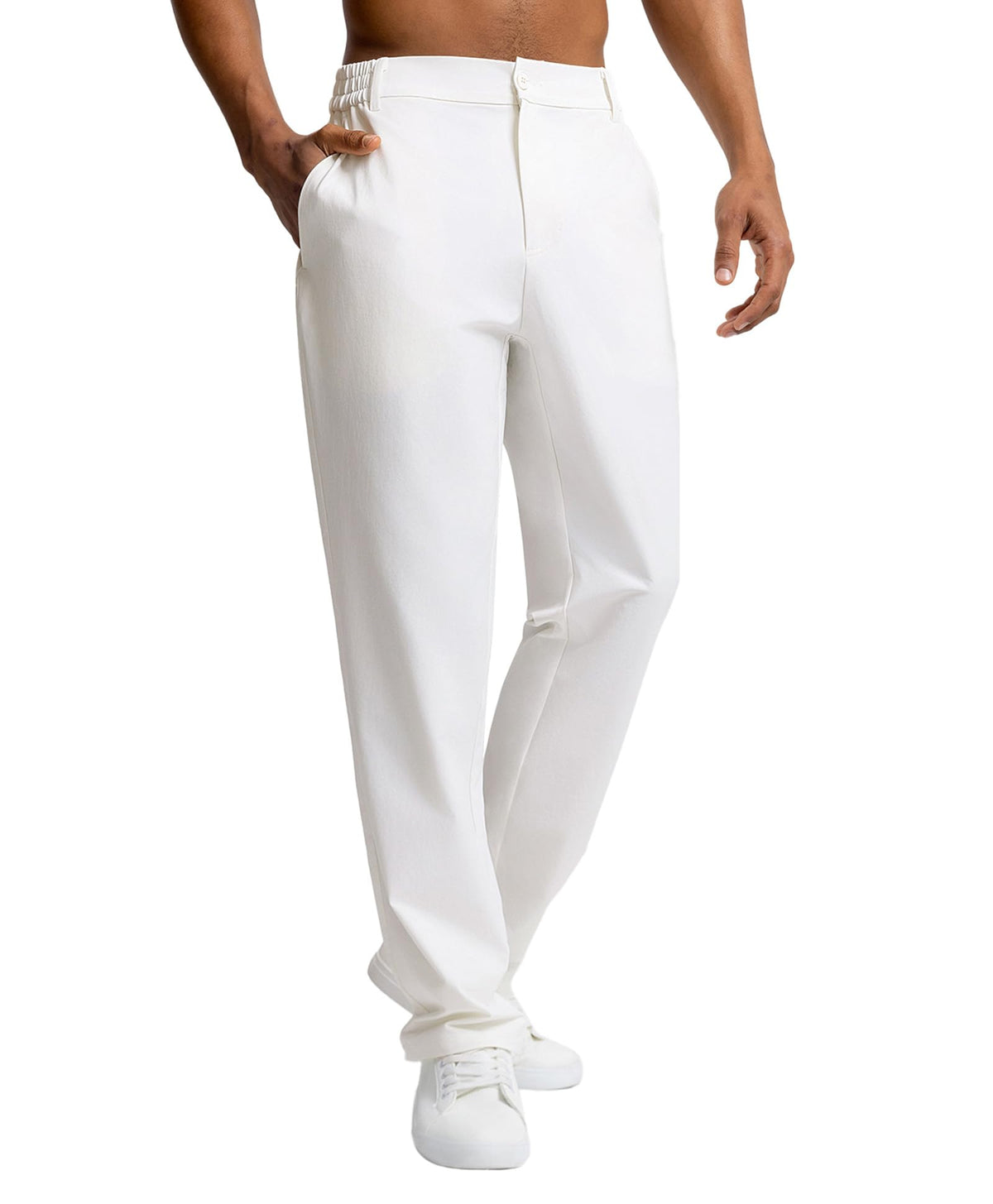 BRXL men's 30in golf pants front view with slim pencil leg silhouette