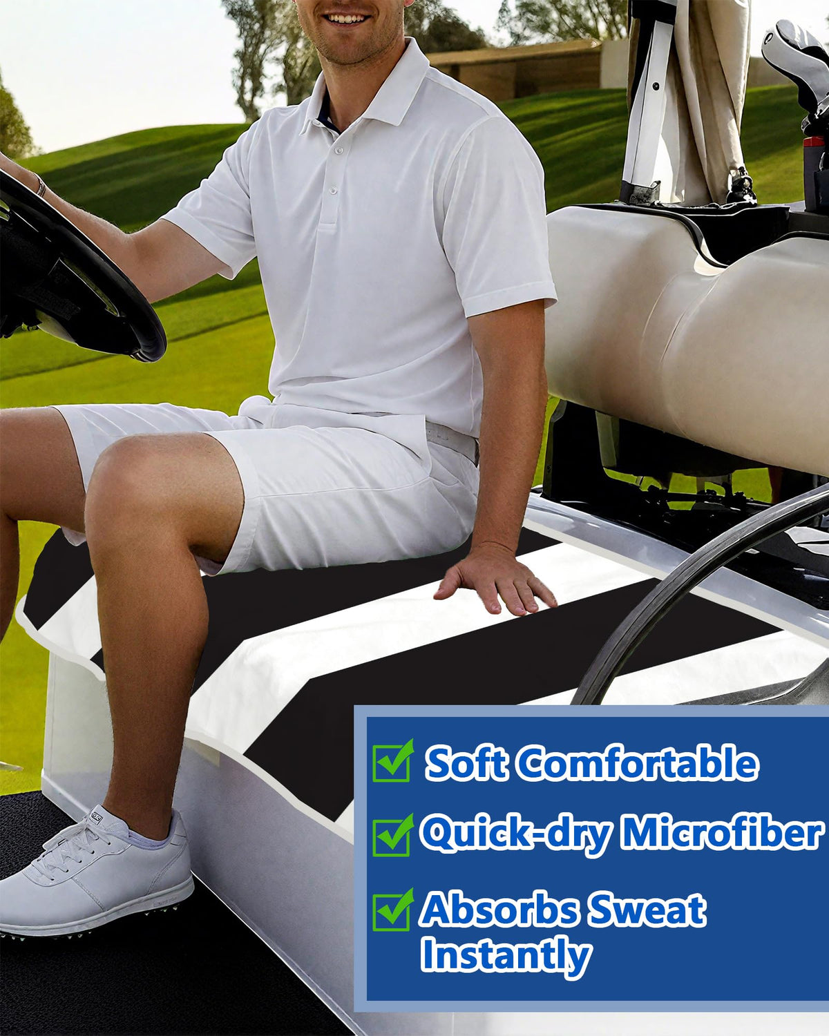 Btiztlla universal-fit seat cover on a two-seat cart showing tool-free installation