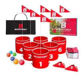 Bucketgolf six hole set compact ready for quick backyard play