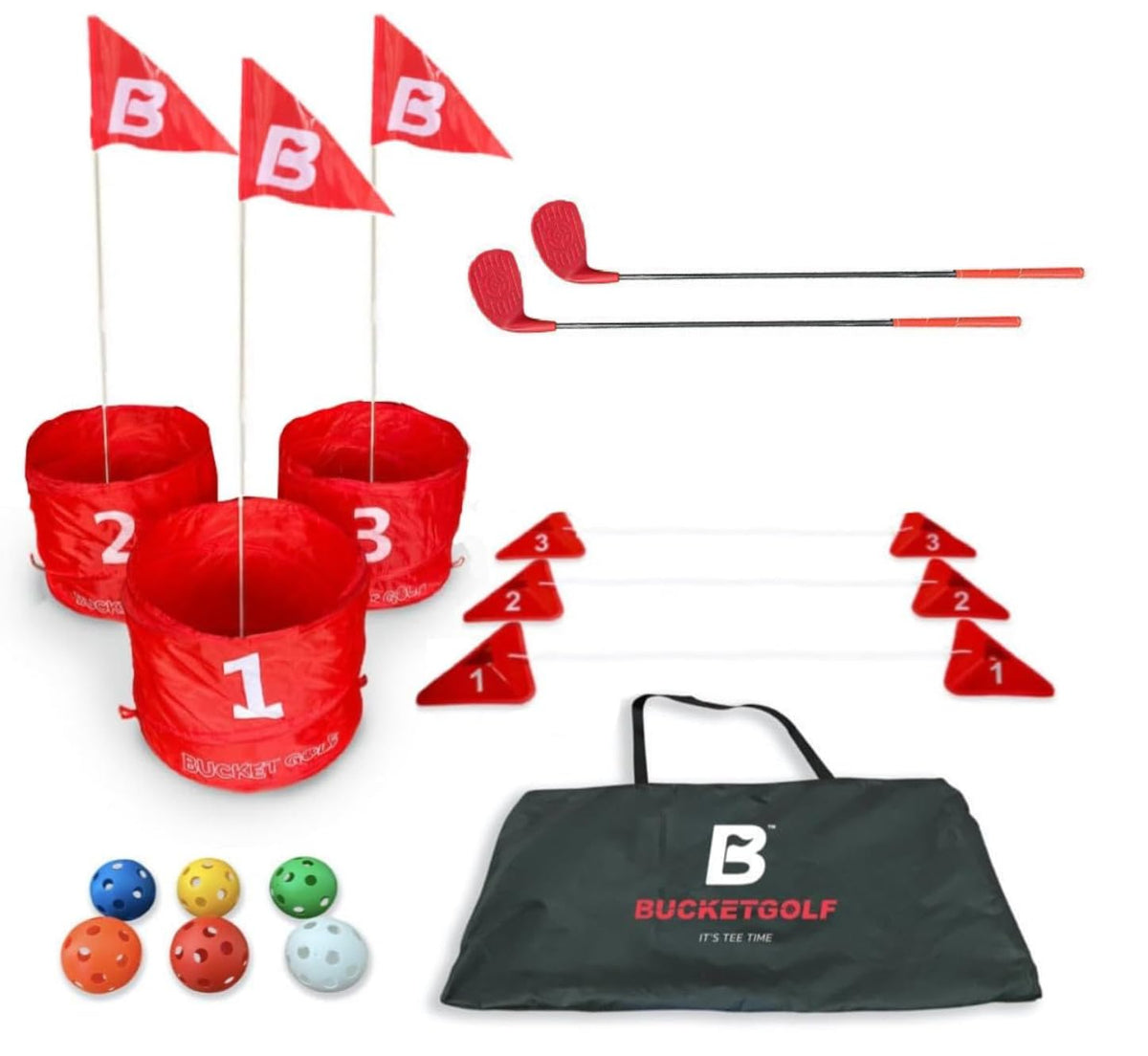 bucketgolf Original 3-Hole Travel Set with carry bag for on-the-go golf fun