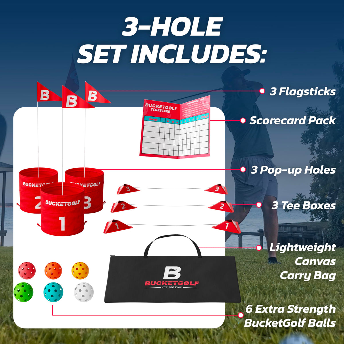 bucketgolf Compact carry bag packed for easy taking to parks and trips.