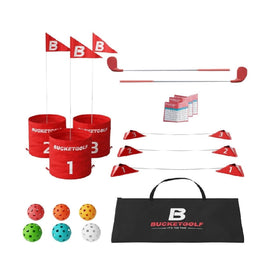 Bucketgolf original 3 hole travel set with clubs ready for backyard play