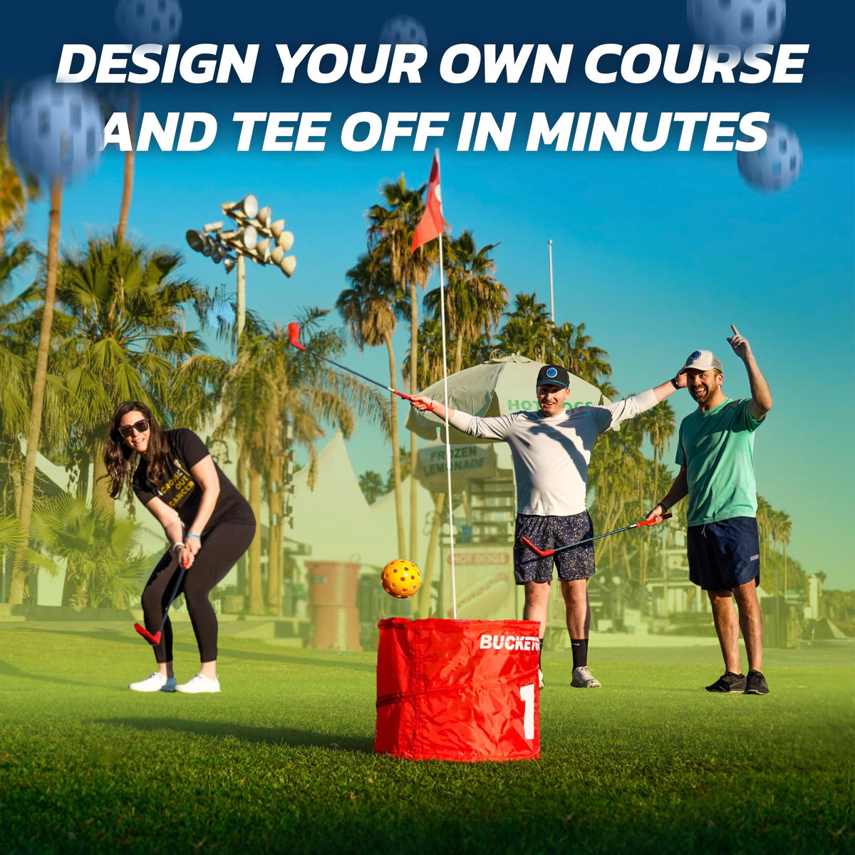 bucketgolf portable golf on beach shows travel-ready kit for spontaneous laughter and outdoor connection.
