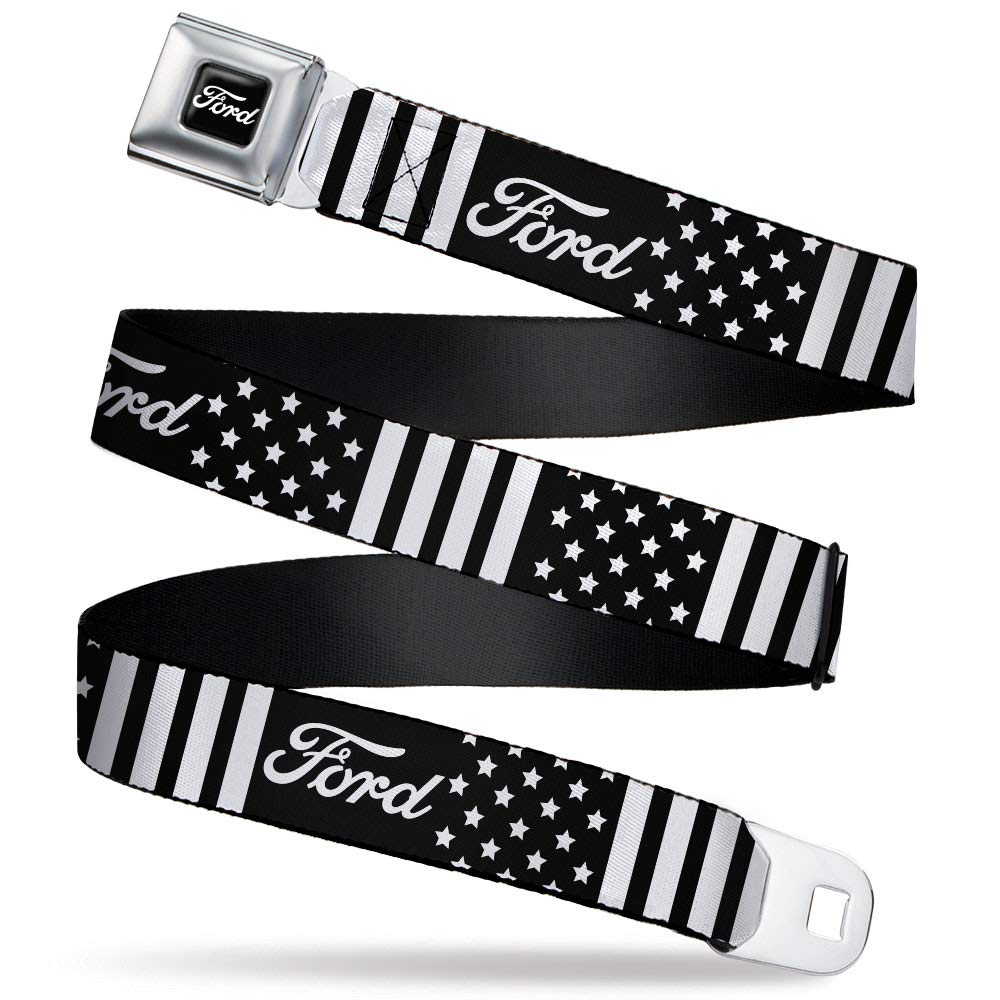 Buckle-Down Ford Script belt close-up highlighting Americana design for standout style