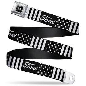 Buckle-Down Ford Script belt close-up highlighting Americana design for standout style