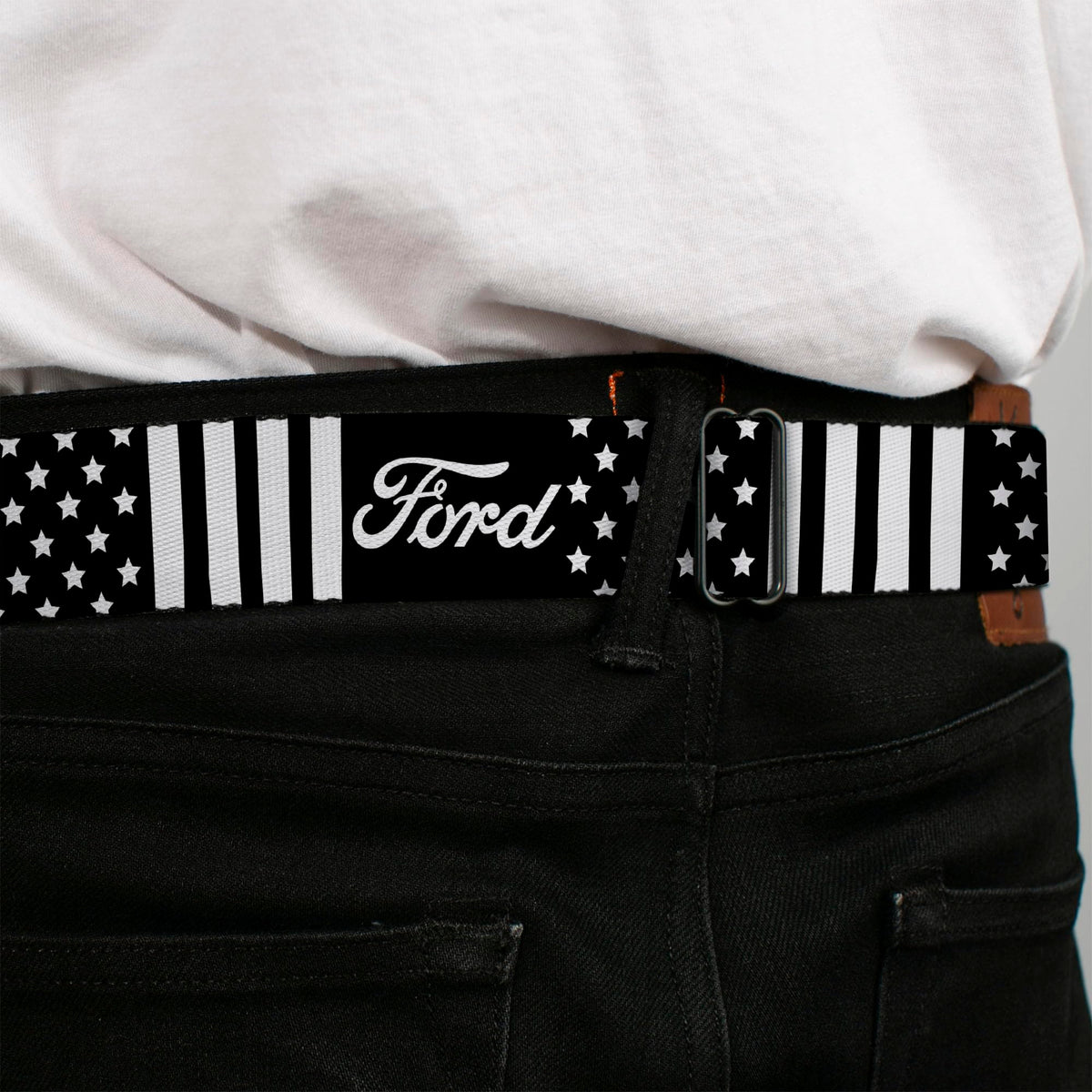 Buckle-Down Ford Script belt on black-white design for bold style