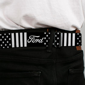 Buckle-Down Ford Script belt on black-white design for bold style