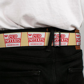 Buckle-Down Nissin belt adjustment window, Cup Noodles collage, flexible fit.