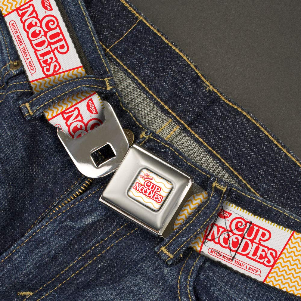 Buckle-Down Nissin belt buckle closeup, Cup Noodles collage, quick-release convenience.
