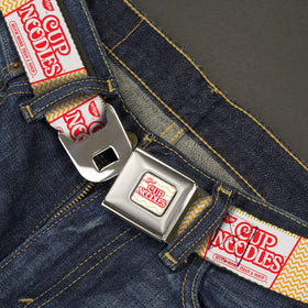 Buckle-Down Nissin belt buckle closeup, Cup Noodles collage, quick-release convenience.