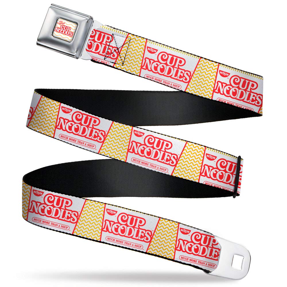 Buckle-Down Nissin belt front view with Cup Noodles collage, casual everyday style.