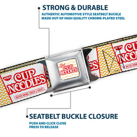 Buckle-Down Nissin belt in use, Cup Noodles collage, showcased with casual outfit.