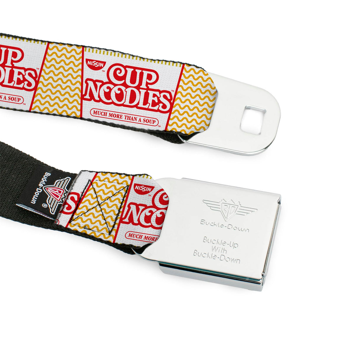 Buckle-Down Nissin belt stitching detail closeup, Cup Noodles collage, quality craftsmanship.