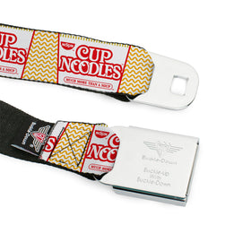 Buckle-Down Nissin belt stitching detail closeup, Cup Noodles collage, quality craftsmanship.