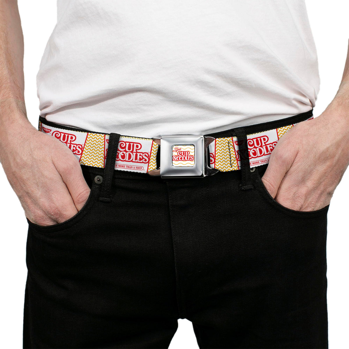 Buckle-Down Nissin belt strap texture detail, Cup Noodles collage, durable fabric.