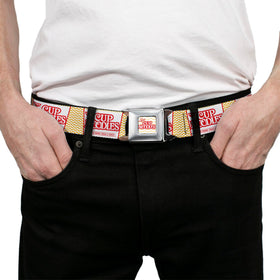 Buckle-Down Nissin belt strap texture detail, Cup Noodles collage, durable fabric.