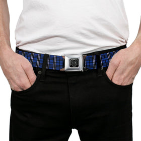 Authentic Buckle-Down seatbelt buckle close-up for easy opening with a button.