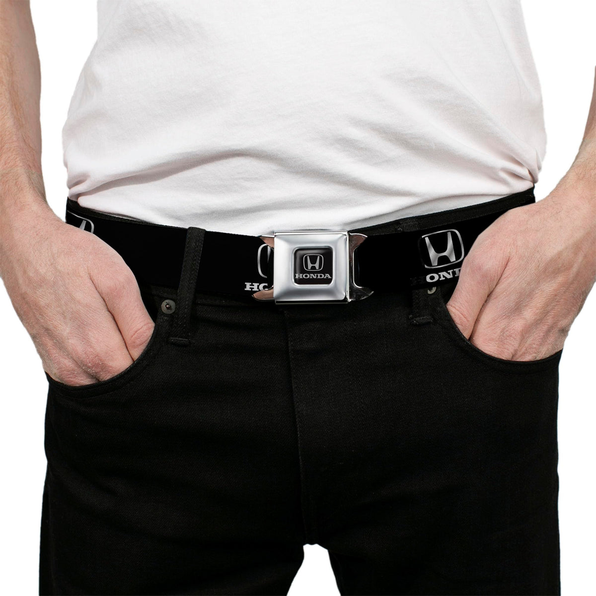 Buckle-Down black and silver buckle close-up showing easy push-button release.