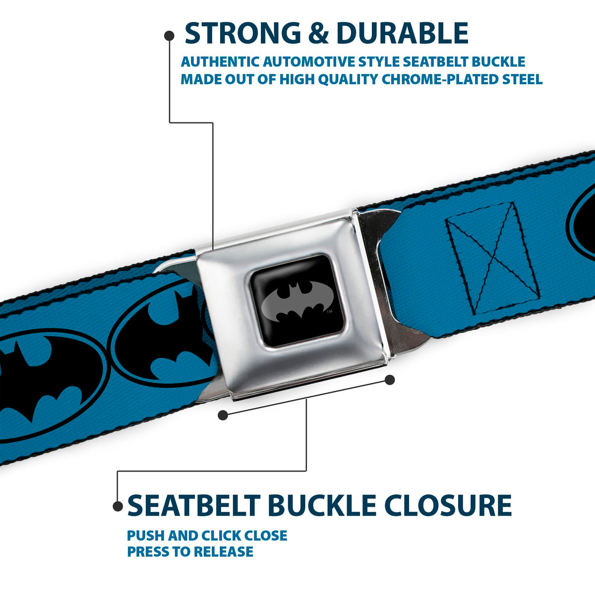 Buckledown blue belt detail emphasizes color contrast.