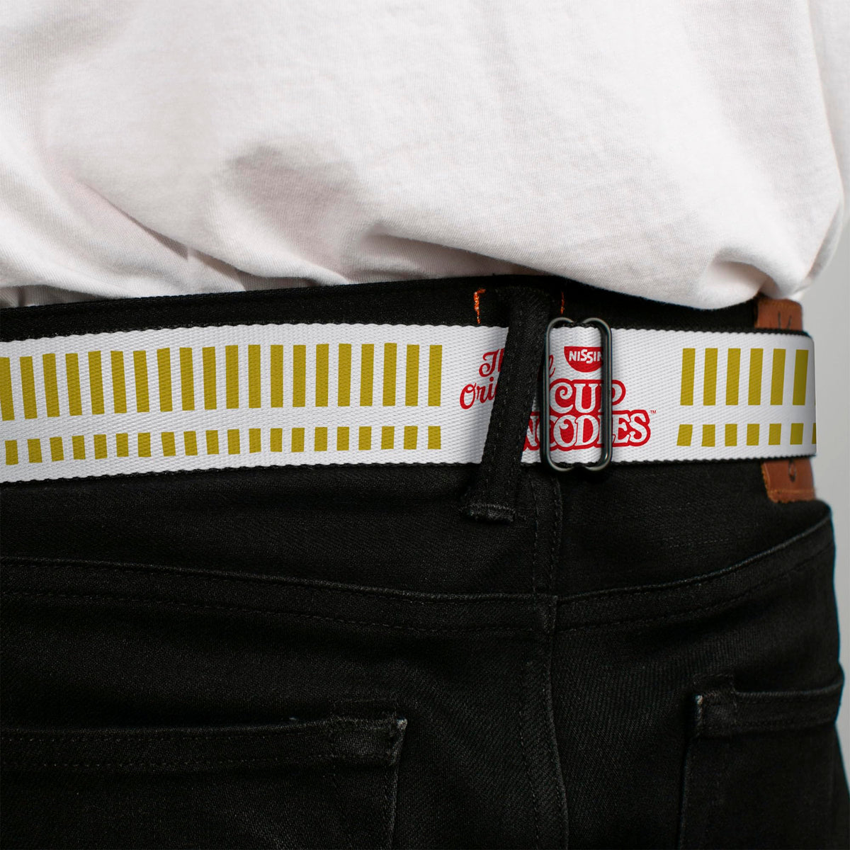 Cup Noodles pattern on Buckle-Down belt adds a playful brand nod.
