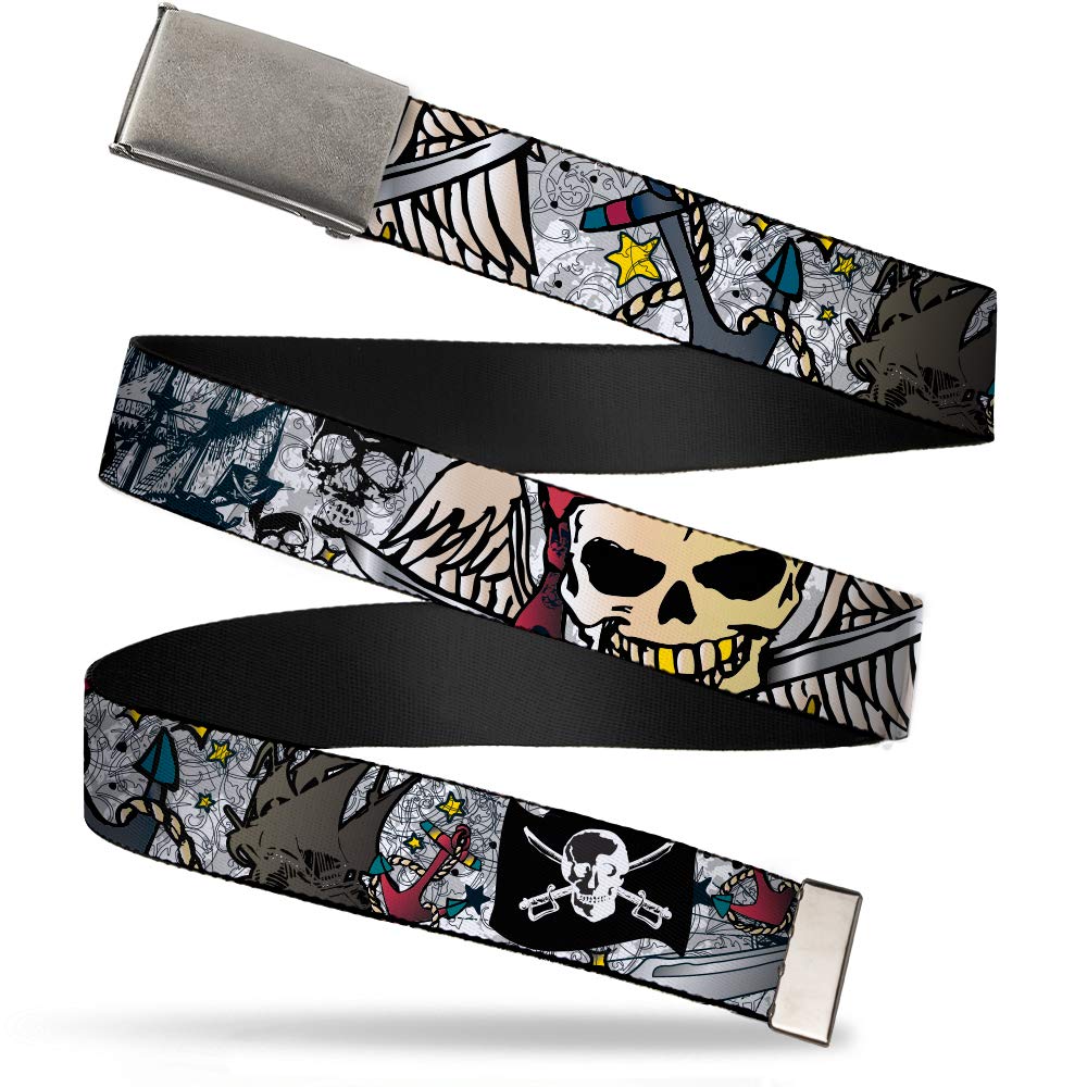 Buckle-Down Dead Men Tattoo 1.5 belt front view; durable weave, bold artwork.