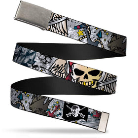 Buckle-Down Dead Men Tattoo 1.5 belt front view; durable weave, bold artwork.