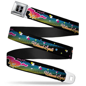 Buckledown Ford Mustang emblem seatbelt belt with pony untamed spirit on black multi-color webbing.