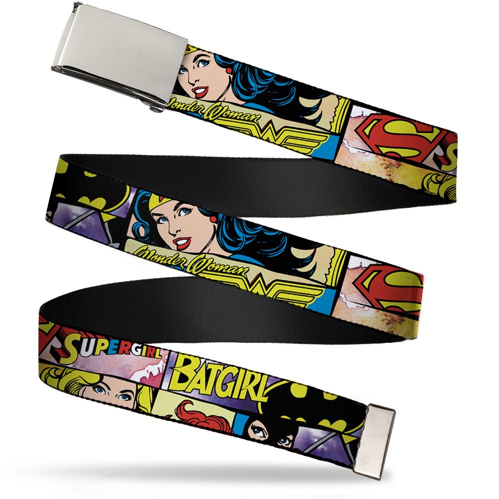 Buckle-Down Justice League Girls belt front view with durable buckle and vivid artwork.