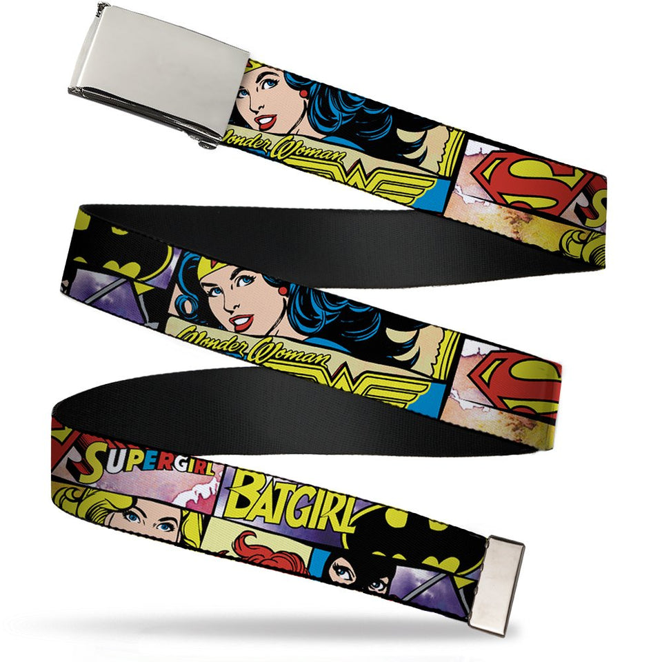Buckle-Down Justice League Girls belt front view with durable buckle and vivid artwork.