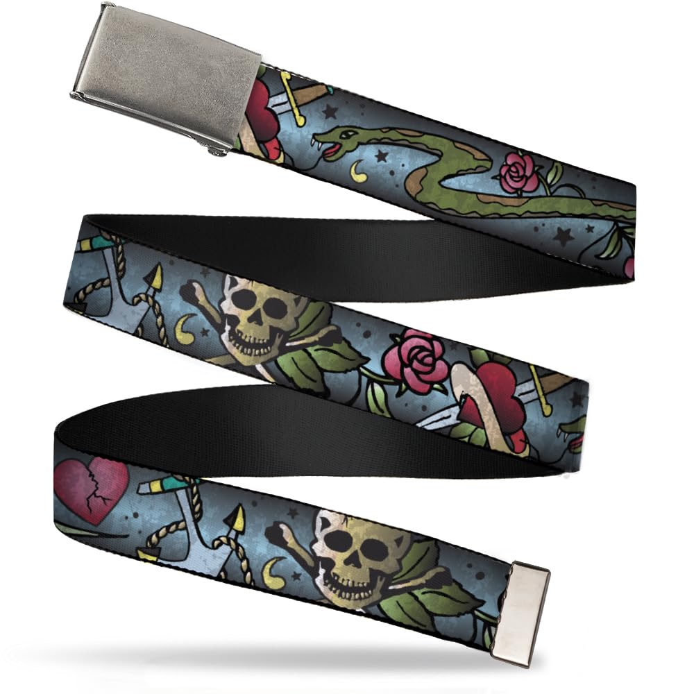 Buckle-Down Live Hard Tattoo belt front view showing durable multicolor web strap for daily wear