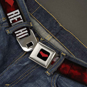 Buckle-Down belt close-up red hood and weathered black strap with logo.