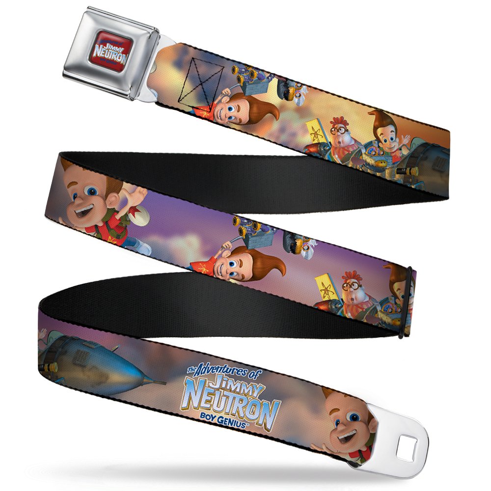 Buckle-Down Jimmy Neutron belt front view highlights durable seatbelt strap for everyday wear.
