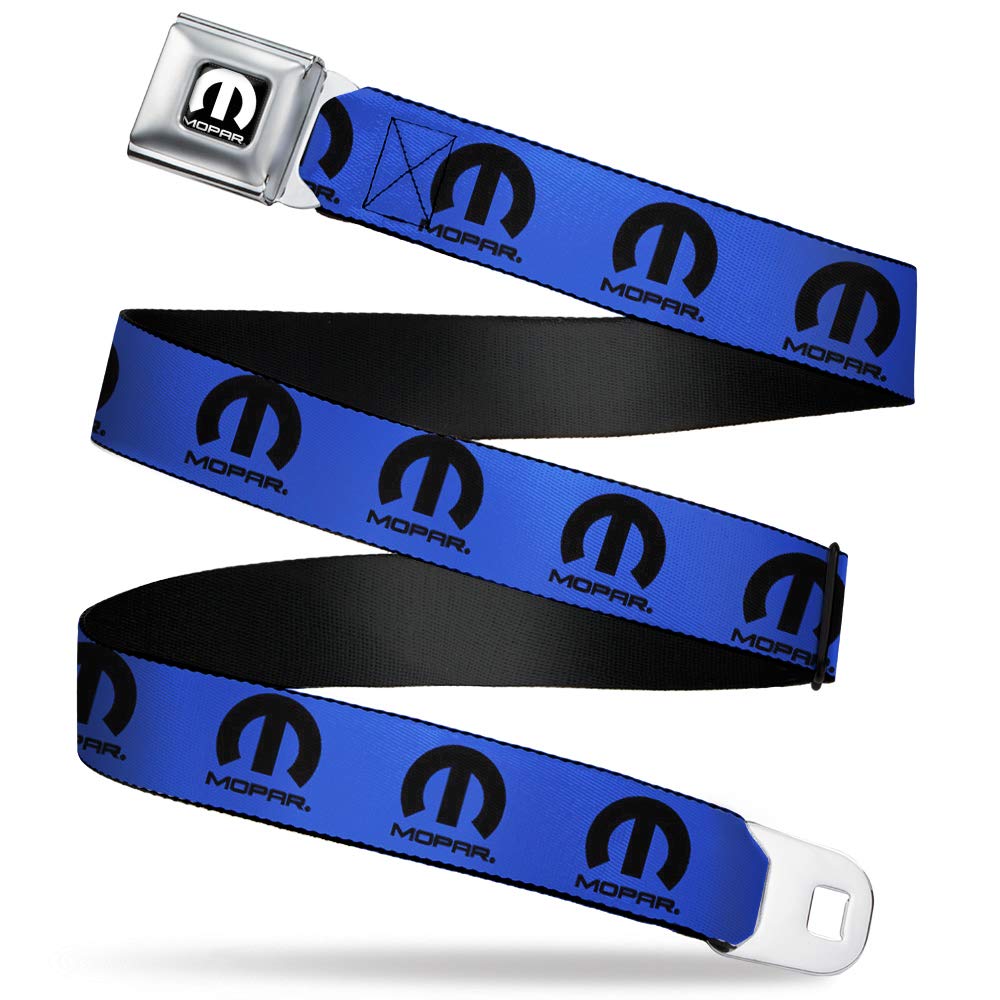 Buckle-Down seatbelt belt with Mopar logo repeat in blue and black for stylish youth wear.