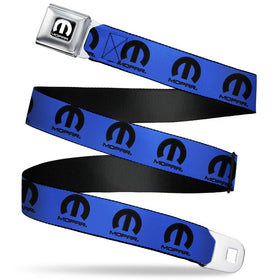 Buckle-Down seatbelt belt with Mopar logo repeat in blue and black for stylish youth wear.
