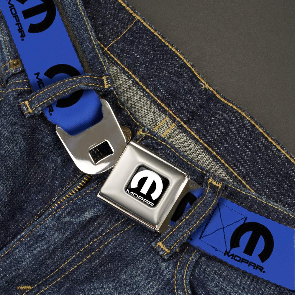 Buckle-Down Mopar belt close-up shows the easy push-button release.